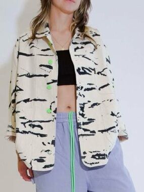 Meals Blue Cheese Forager Coat - Cream & Black Printed Oversized Jacket